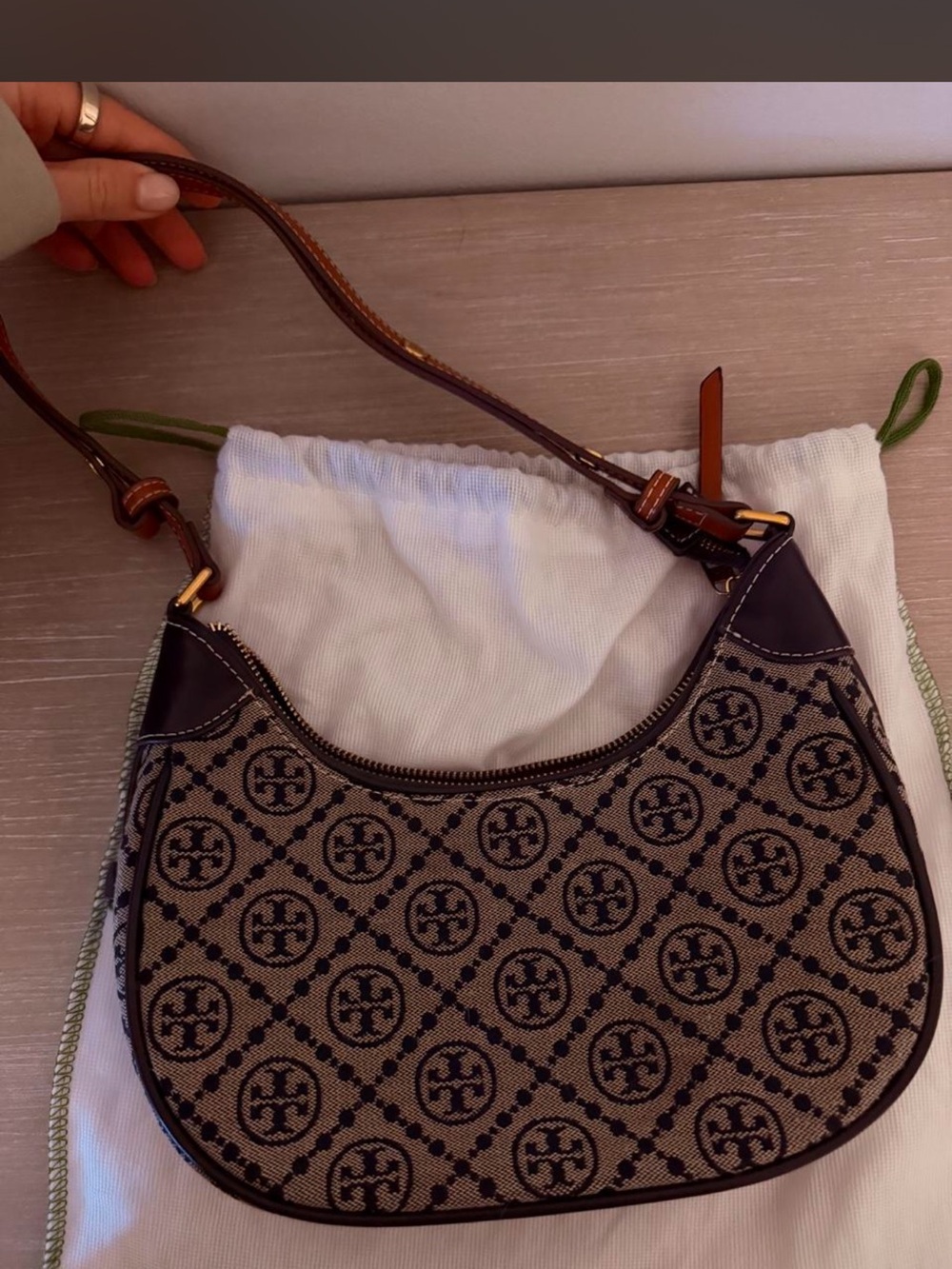 Tory Burch Tan and Dark Brown Logo Jacquard Shoulder Bag